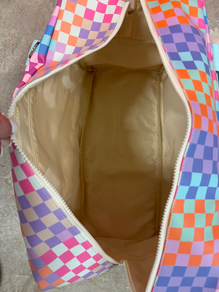 Custom Duffle Bag - Happy Checkered LONG pocket (Cream/Mint/Multi Colored Checker)
