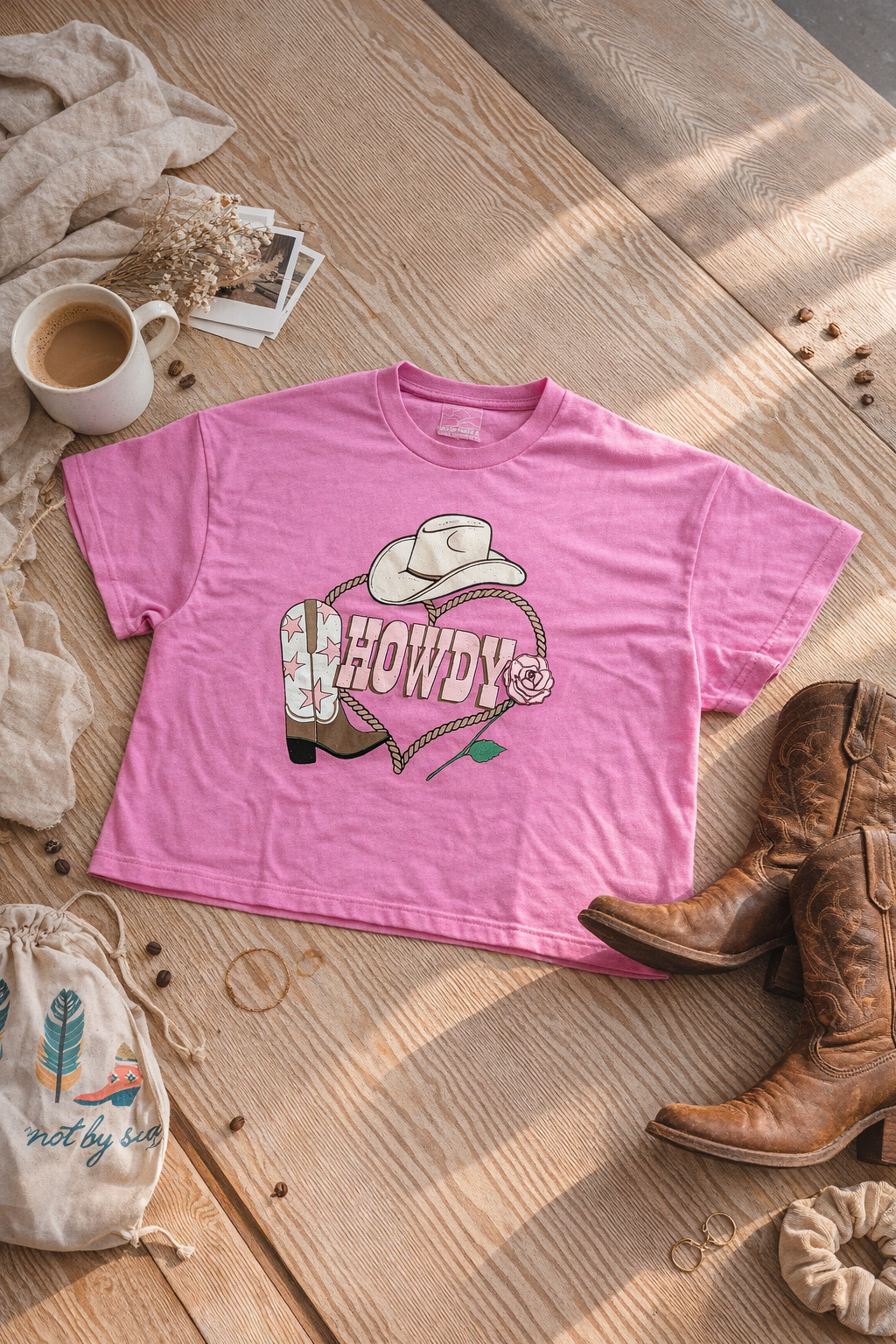 Pink t-shirt with 'Howdy' graphic on a wooden surface with boots and coffee.