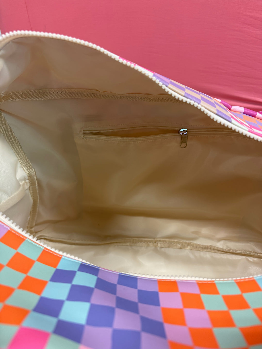 Custom Duffle Bag - Happy Checkered LONG pocket (Cream/Mint/Multi Colored Checker)