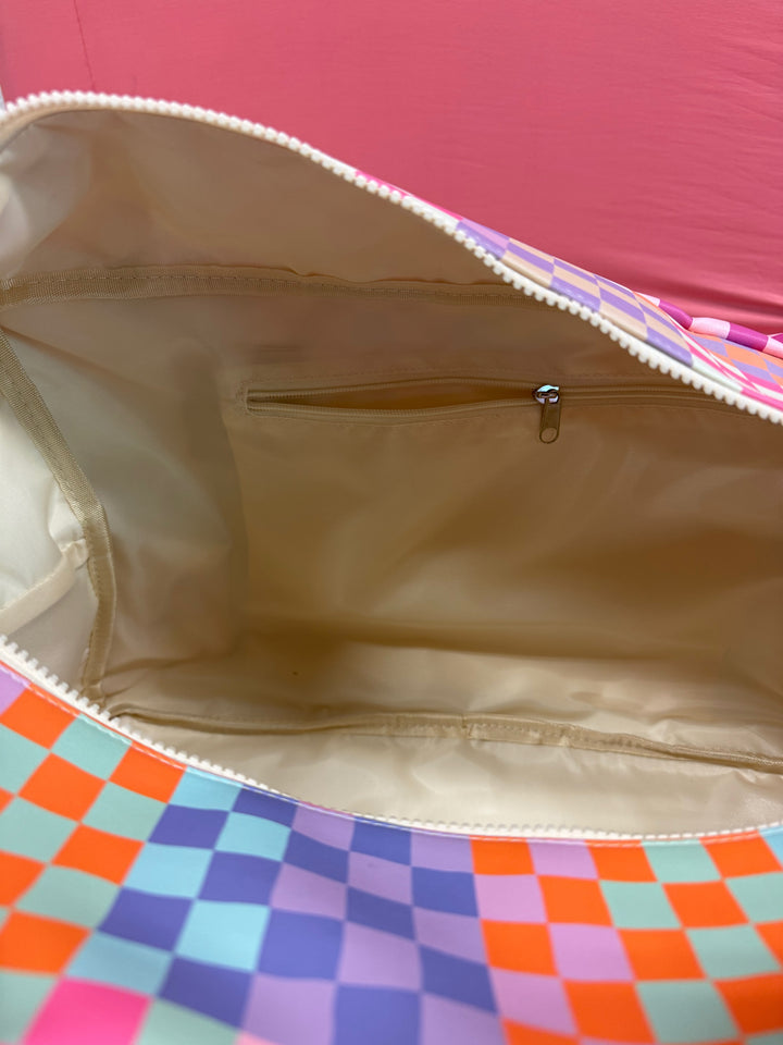 Custom Duffle Bag - Happy Checkered LONG pocket (Cream/Mint/Multi Colored Checker)