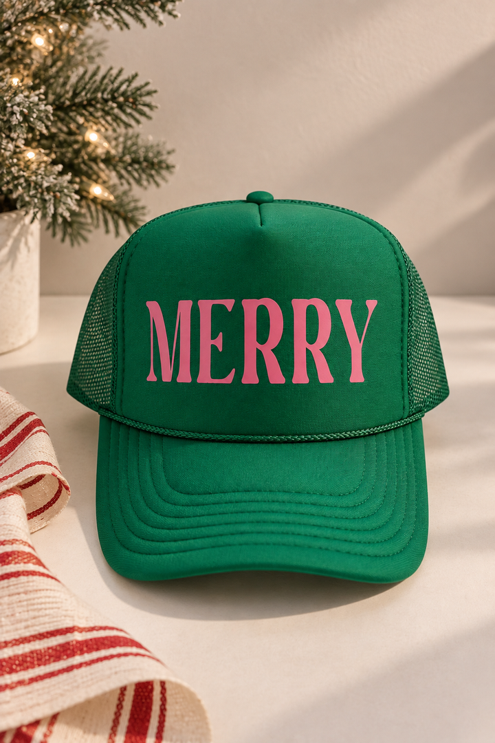Merry Trucker Hat (Green + Pink)