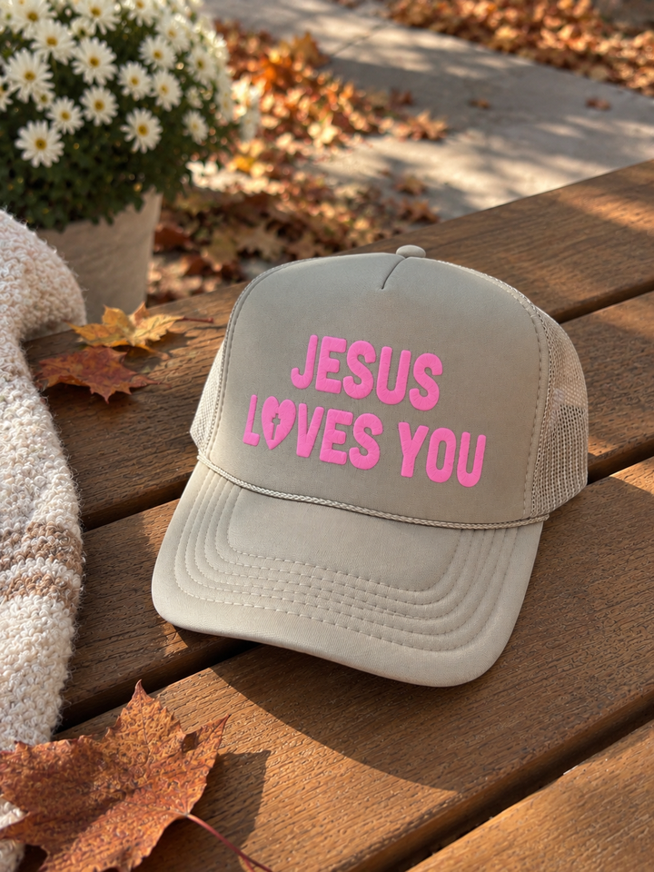 Jesus Loves You Trucker Hat (Tan + Pink)