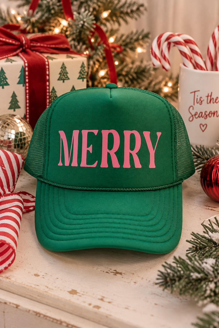 Merry Trucker Hat (Green + Pink)