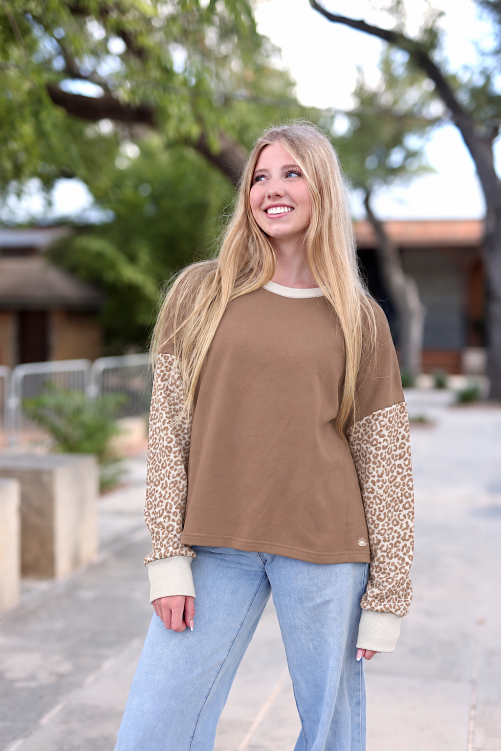 Taupe pullover with taupe cheetah print sleeves.