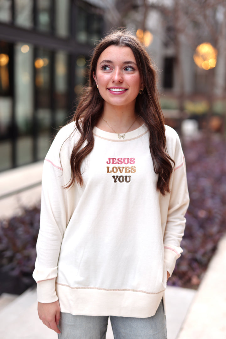 Jesus Loves You (Cream) - Light Weight Accent Stitch Sweatshirt / Crew