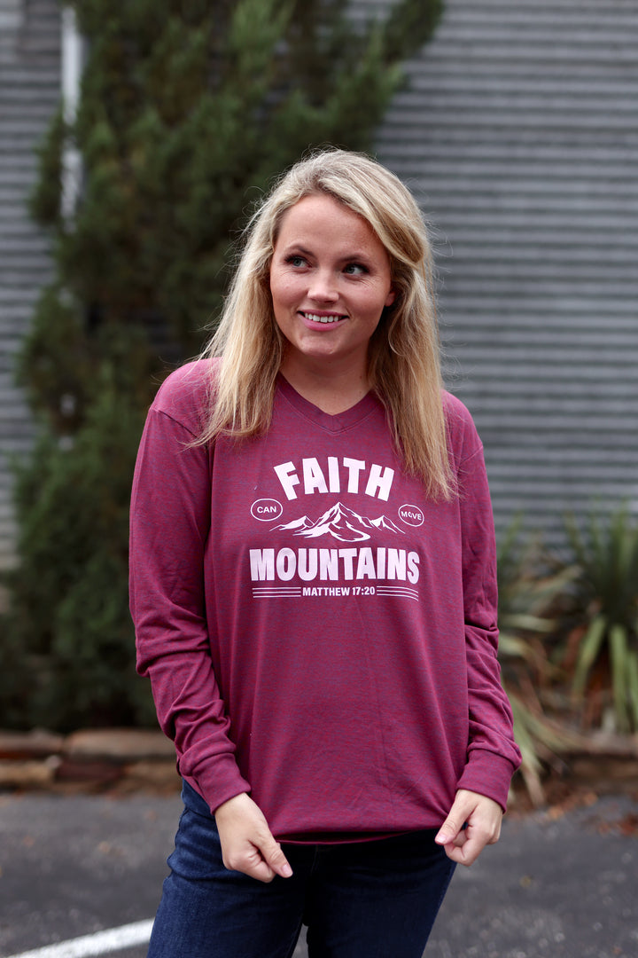 Faith Can Move Mountains (Heather Wine) - Long Sleeve/V-Neck