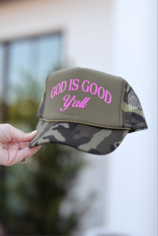 Trucker Hat - God Is Good Y'all (Camo/Pink)