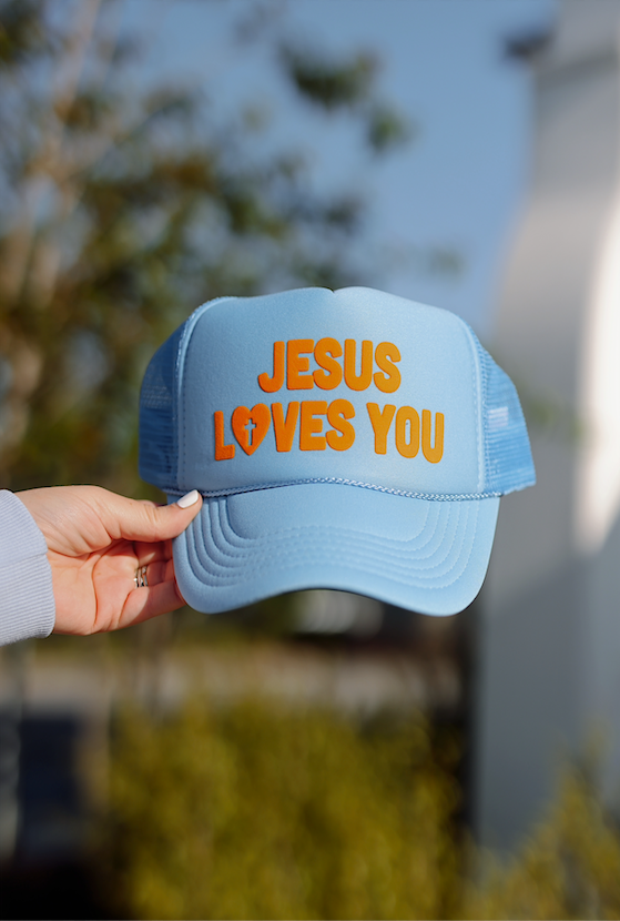 Trucker Hat - Jesus Loves You (Columbia Blue)