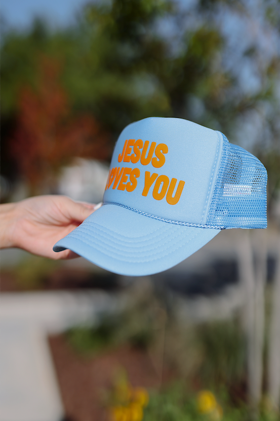 Trucker Hat - Jesus Loves You (Columbia Blue)