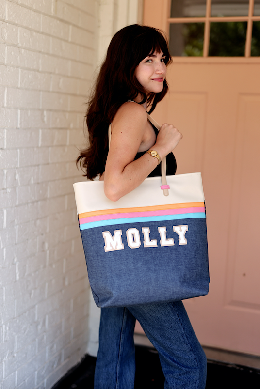 Custom Laptop Tote - Denim Print (Blue/Pink/Cream)