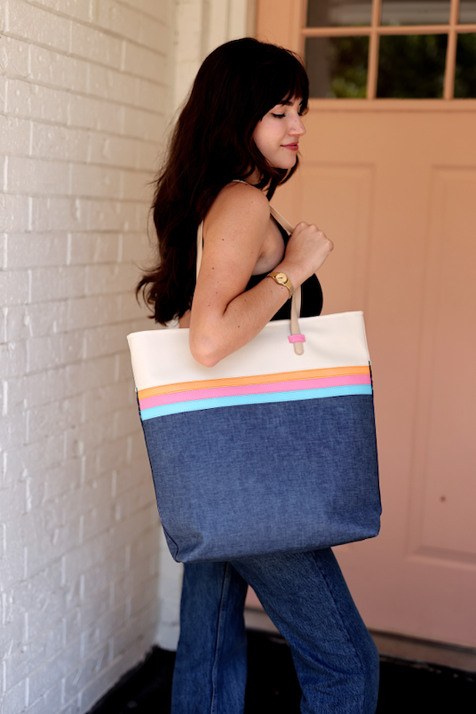 Laptop Tote - Denim Print WITHOUT customization (Blue/Pink/Cream)