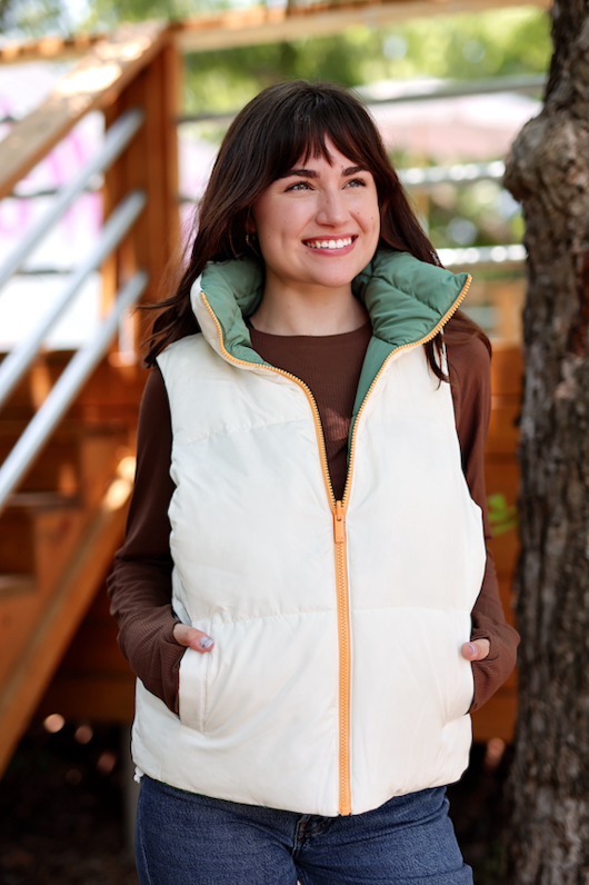 Reversible Puffer Vest - (Olive/Cream)