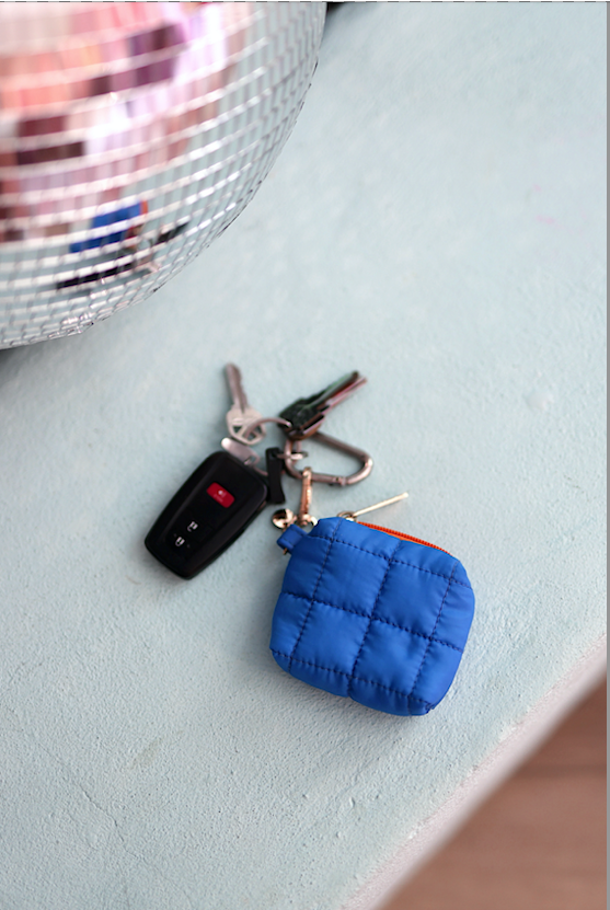 Earbud Puffer Case Keychain - Cobalt/Orange