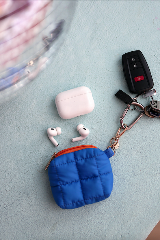 Earbud Puffer Case Keychain - Cobalt/Orange