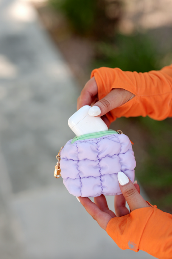 Earbud Puffer Case Keychain - Lilac/Lime