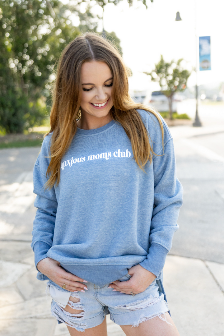 Anxious Mom's Club (Blue Jean Puff Print) - Burnout Sweatshirt / Crew