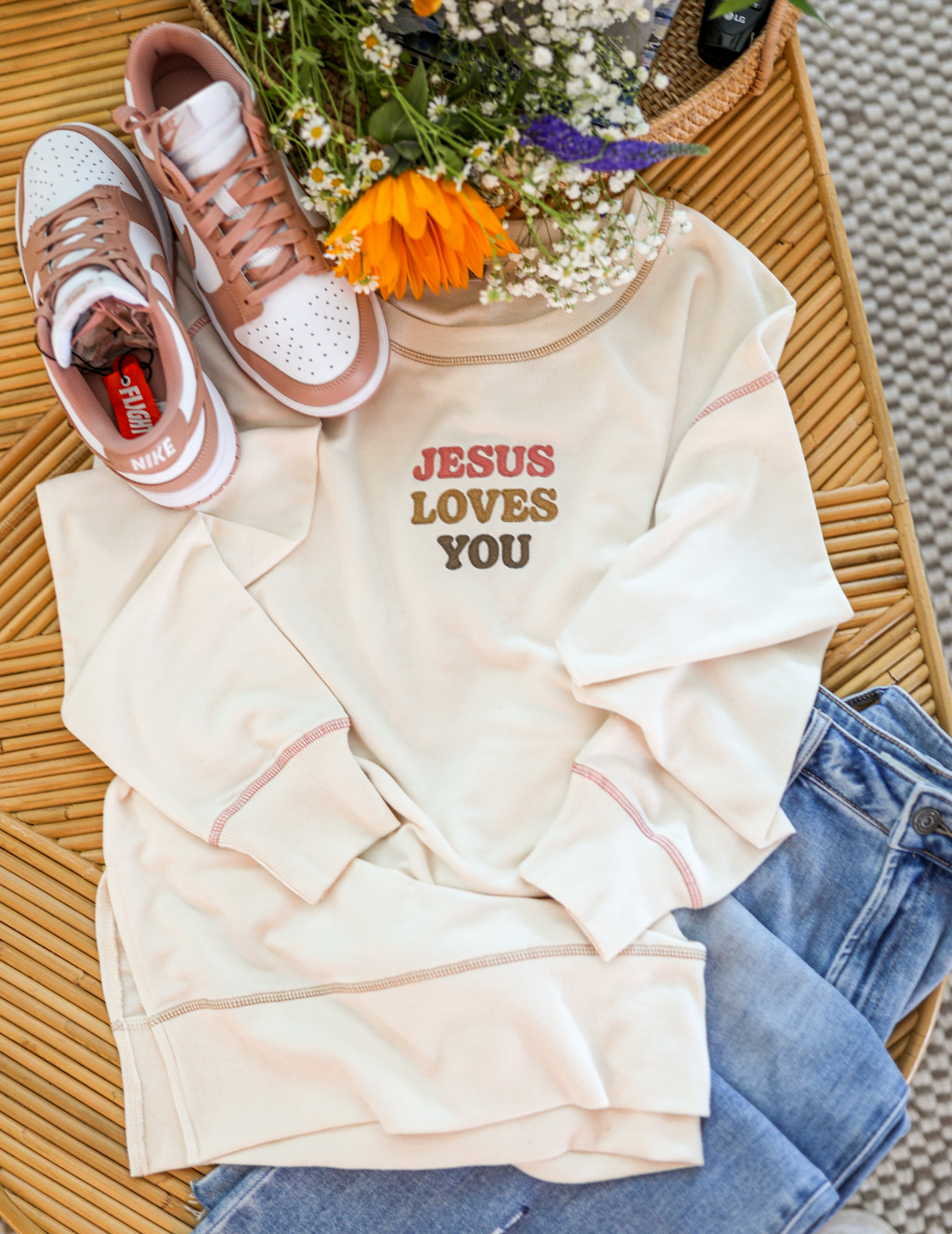 Jesus Loves You (Cream) - Light Weight Accent Stitch Sweatshirt / Crew