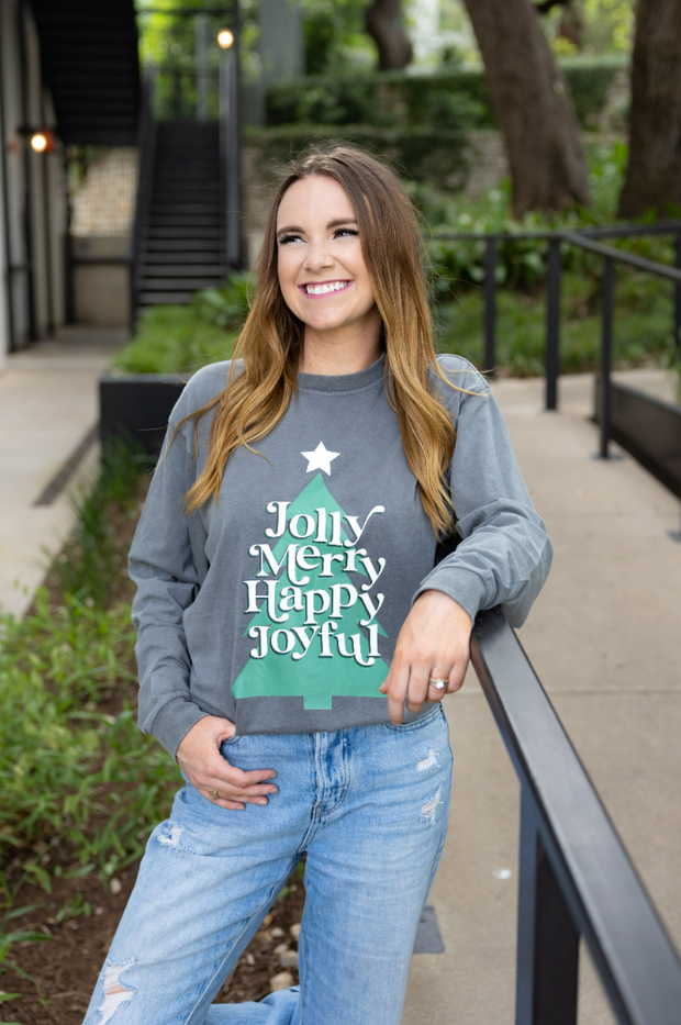 Jolly Merry Happy Joyful (Charcoal Buttery Acid Wash) - Long Sleeve/Crew