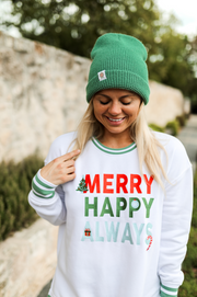 Merry Happy Always (White) - Embroidered Retro Sweatshirt