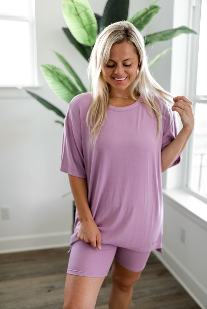 24/7 Oversize Rib Set (Lilac) - Top + Biker Shorts