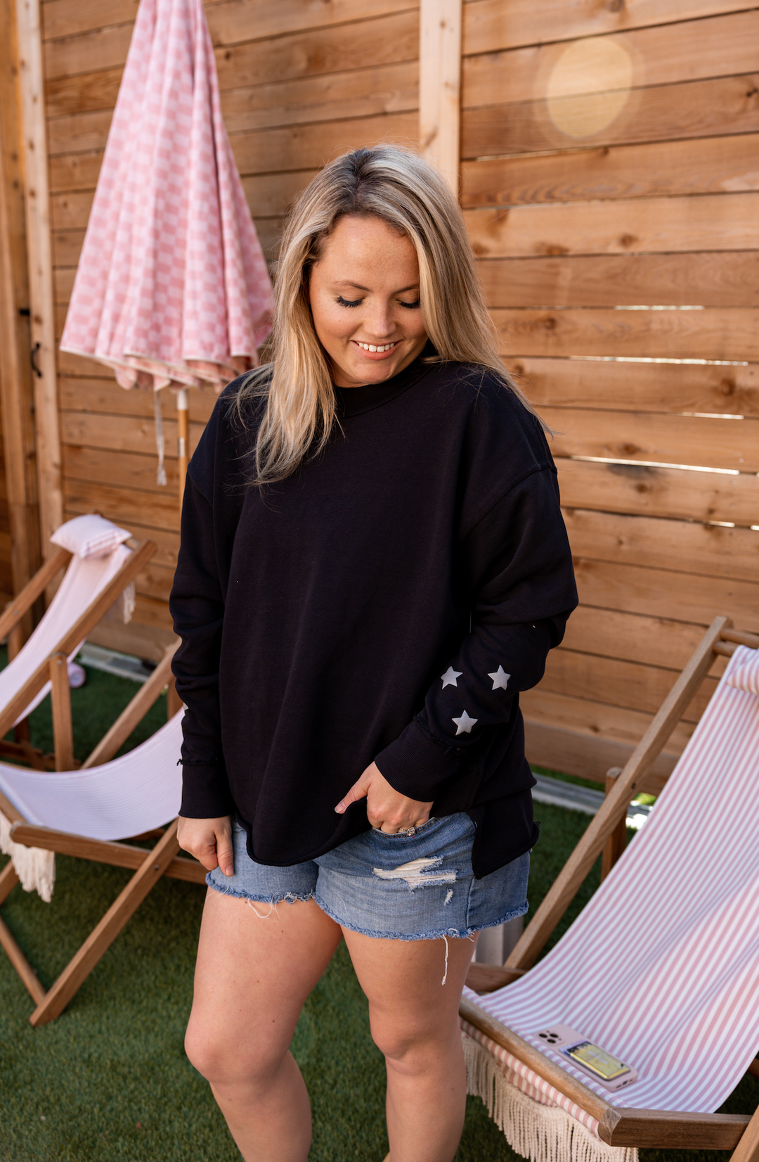 Oversized Crew Neck Pullover - Stars - Long Sleeve - (MIDNIGHT)