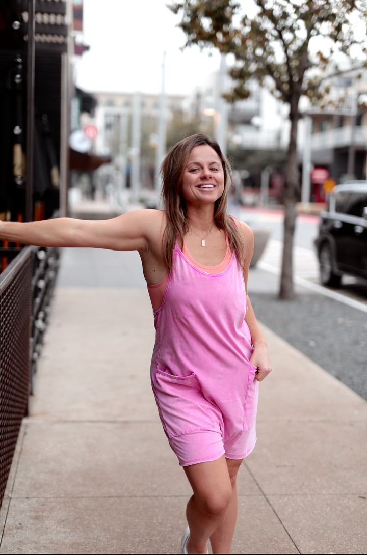 Ready To Play Acid Wash Romper (MAGENTA)