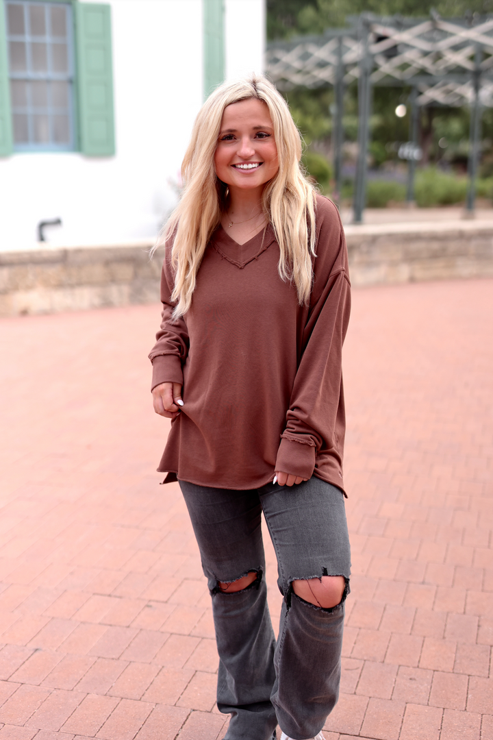 Oversized V-Neck Pullover - Long Sleeve (ESPRESSO)