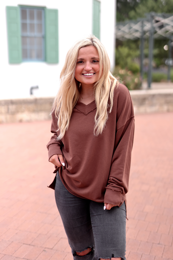 Oversized V-Neck Pullover - Long Sleeve (ESPRESSO)