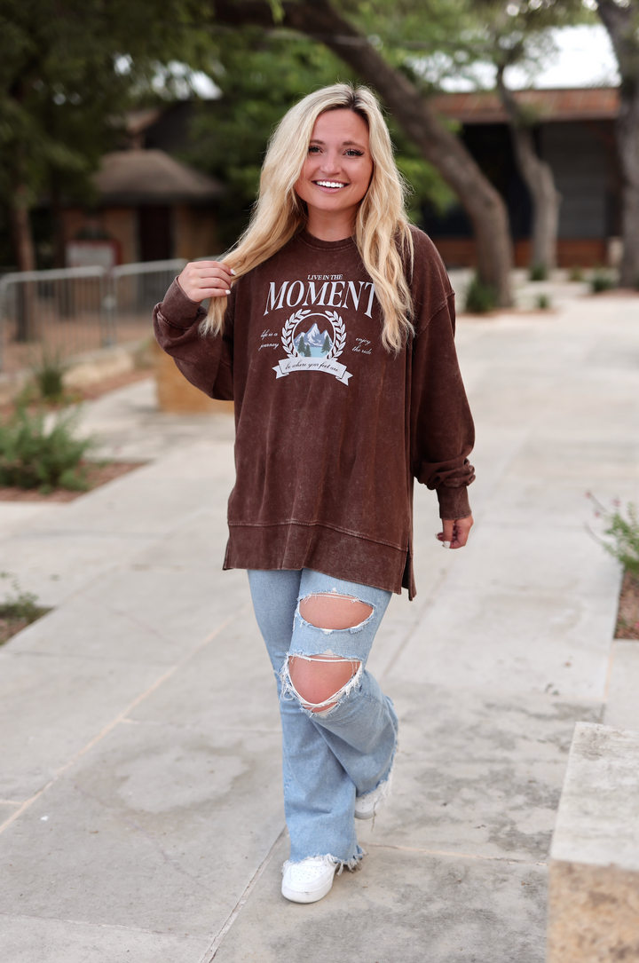 Live In The Moment (Espresso) - Mineral Wash Pullover