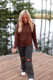 Never Better Ribbed Light Weight Long Sleeve Crew Neck - (ESPRESSO)