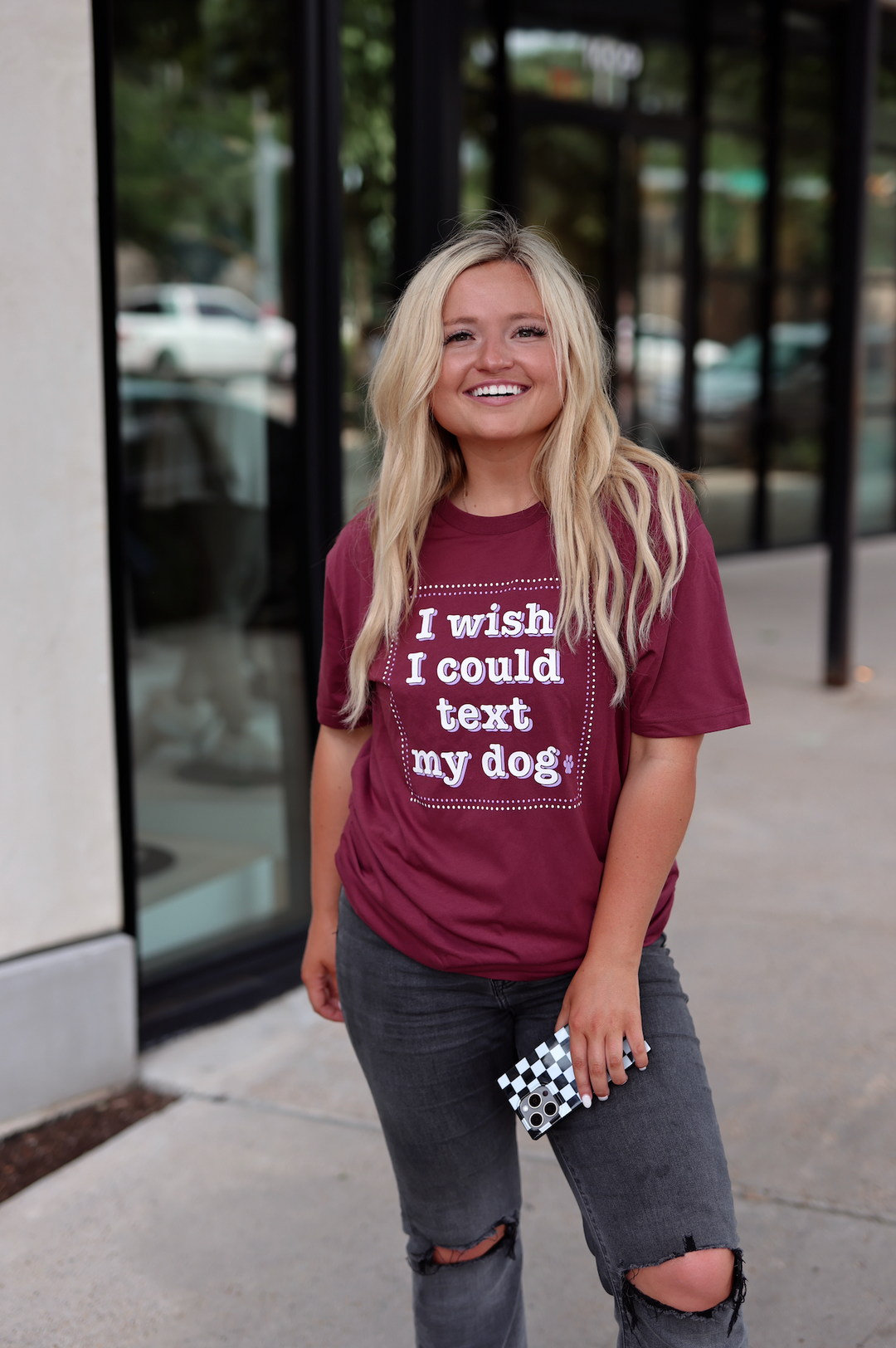 K&C - I Wish I Could Text My Dog (Maroon) - Short Sleeve/Crew