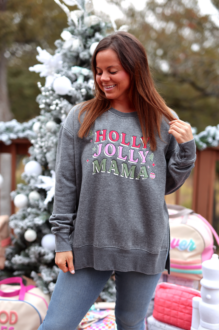 Gray sweatshirt with 'Holly Jolly Mama' graphic, perfect for festive casual wear.