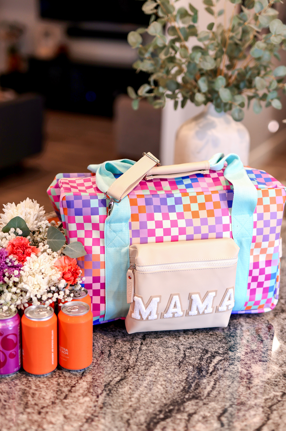 Duffle Bag MAMA - Happy Checkered (Cream/Mint/Multi Colored Checker)