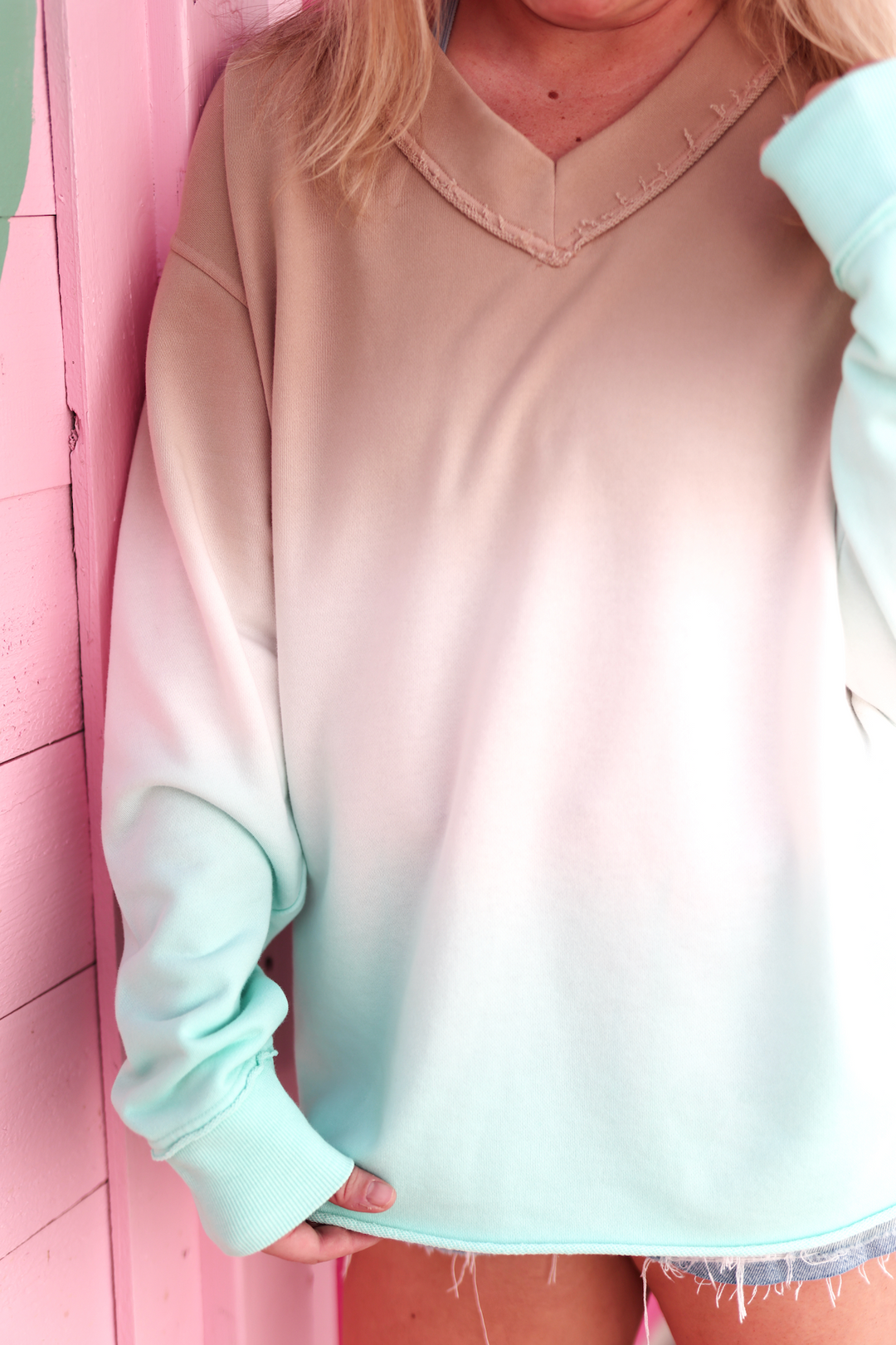 Terry V-Neck Pullover - (Mint/White/Latte Gradient)