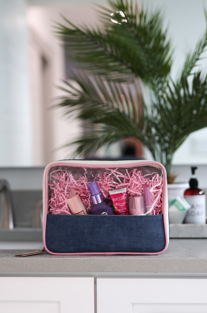 Oversized Cosmetic Bag -Denim Print WITHOUT customization (Denim Print/Cream/Pink)