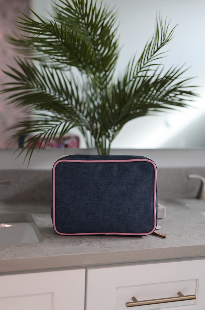 Oversized Cosmetic Bag -Denim Print WITHOUT customization (Denim Print/Cream/Pink)