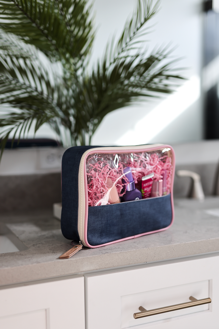 Oversized Cosmetic Bag -Denim Print WITHOUT customization (Denim Print/Cream/Pink)