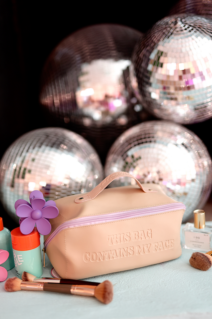 Hold All Cosmetic Bag - This Bag Contains My Face- Embossed (Tan/Lavender)