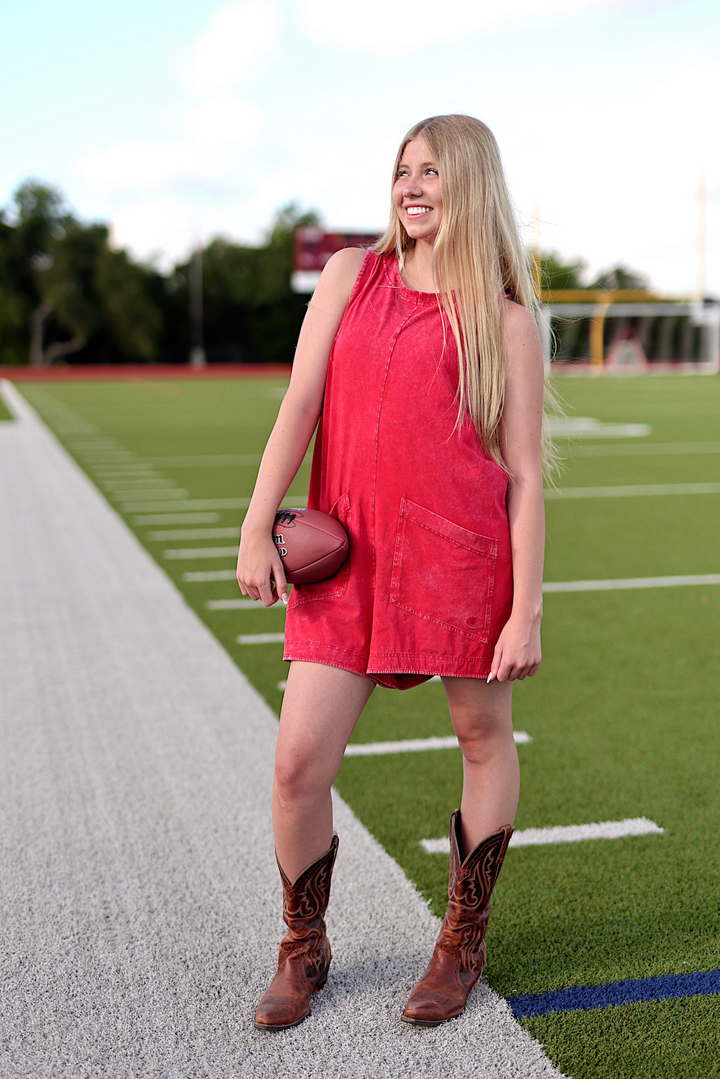 Tailgate Mineral Wash Romper - (Red)