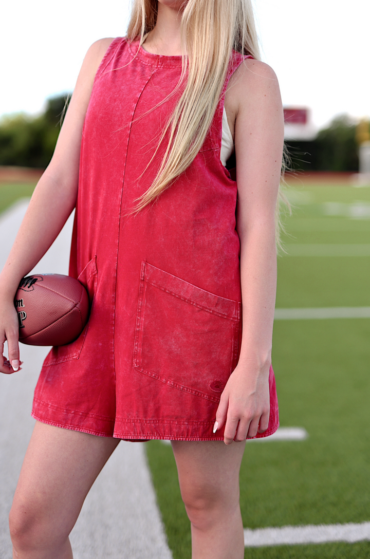 Tailgate Mineral Wash Romper - (Red)