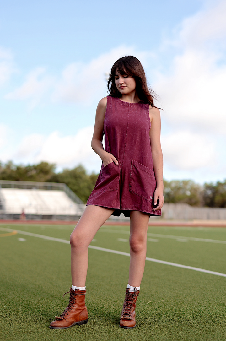 Tailgate Mineral Wash Romper - (Maroon)