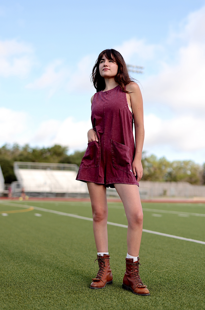 Tailgate Mineral Wash Romper - (Maroon)