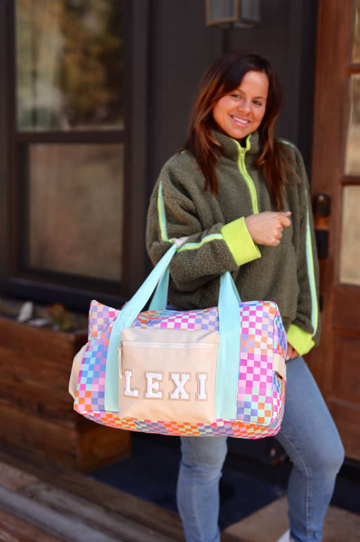 Custom Duffle Bag - Happy Checkered *SMALL pocket* (Cream/Mint/Multi Colored Checker)