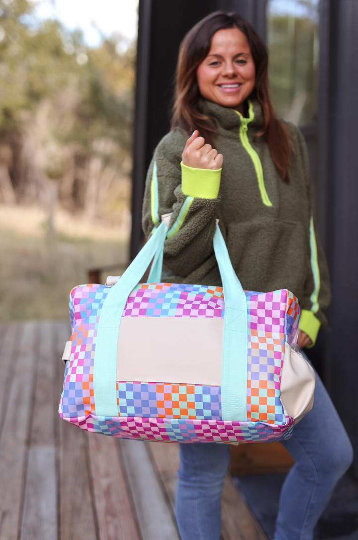 Custom Duffle Bag - Happy Checkered *SMALL pocket* (Cream/Mint/Multi Colored Checker)