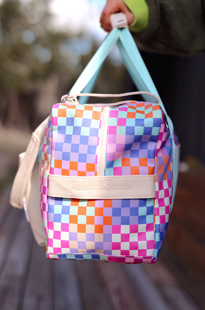 Custom Duffle Bag - Happy Checkered *SMALL pocket* (Cream/Mint/Multi Colored Checker)