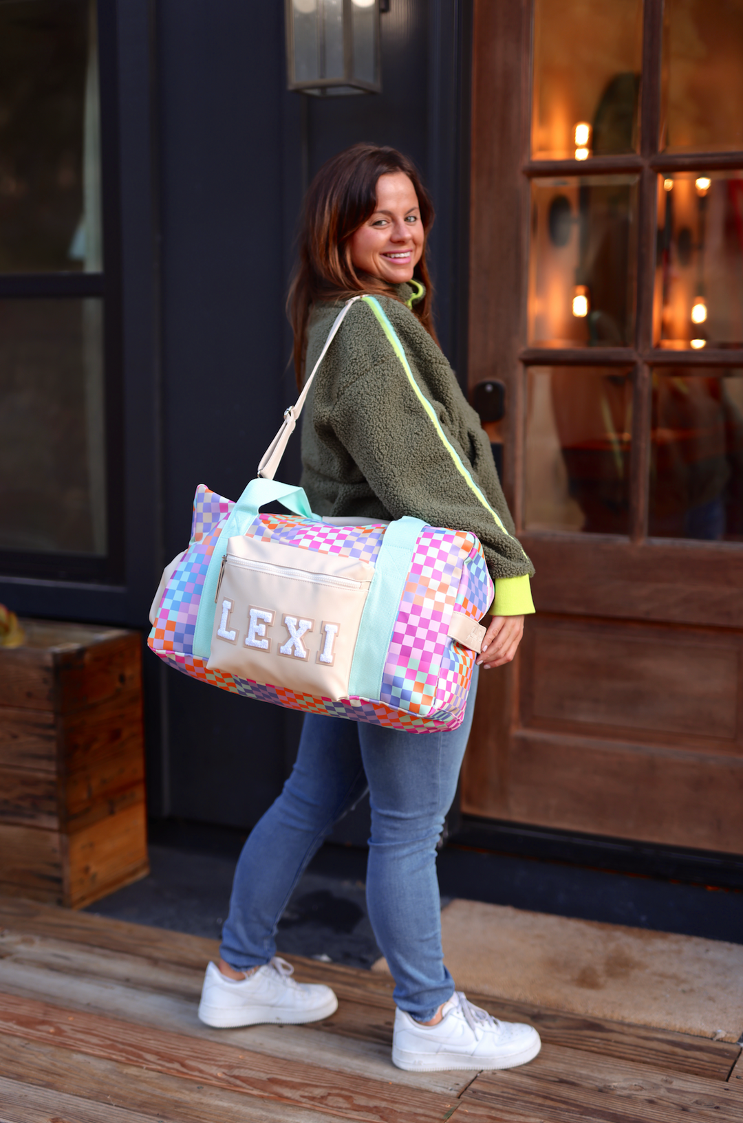 Custom Duffle Bag - Happy Checkered *SMALL pocket* (Cream/Mint/Multi Colored Checker)