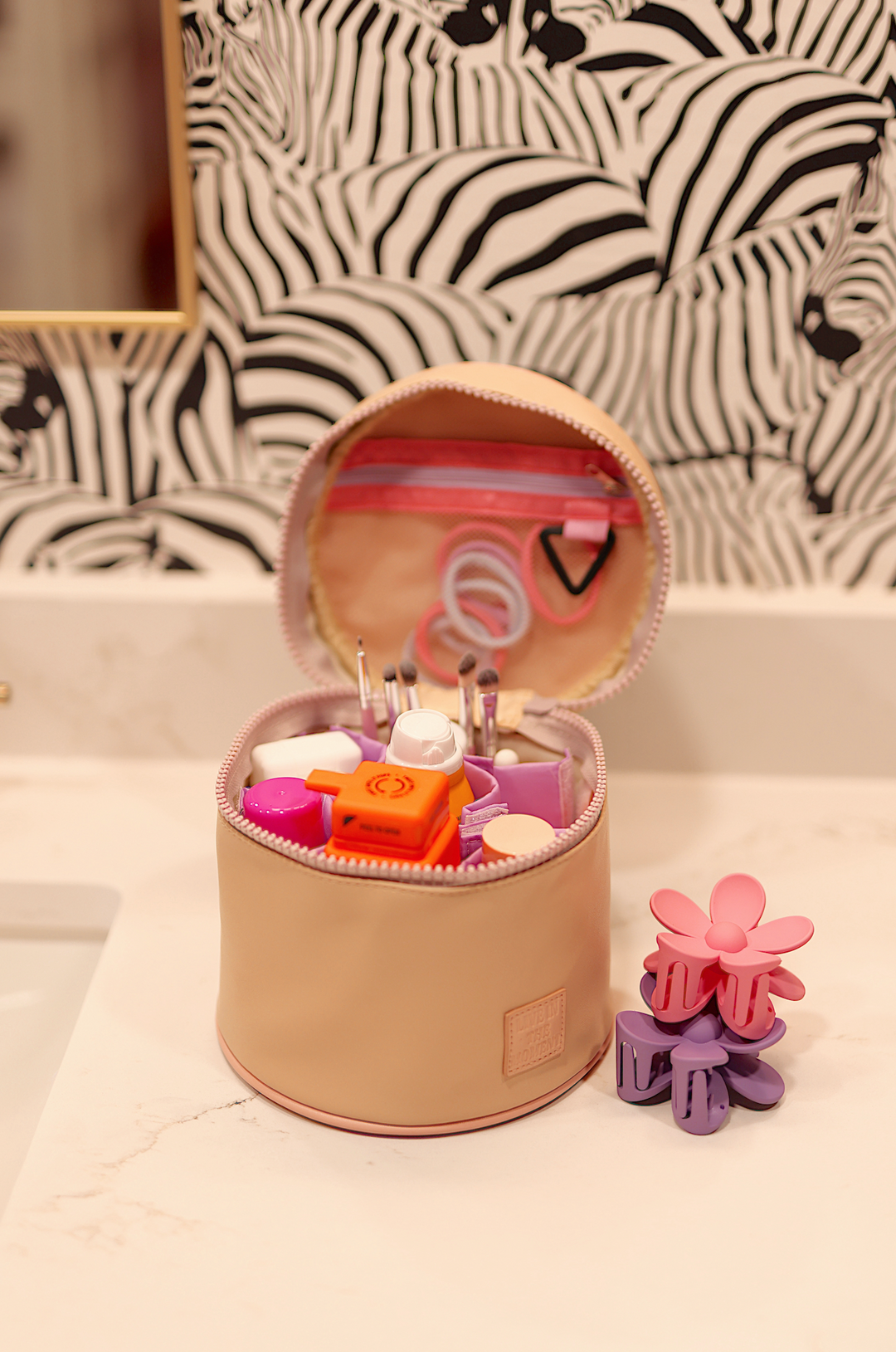 Barrel Toiletry Bag *MINI* - Live In The Moment (Tan/Lavender)