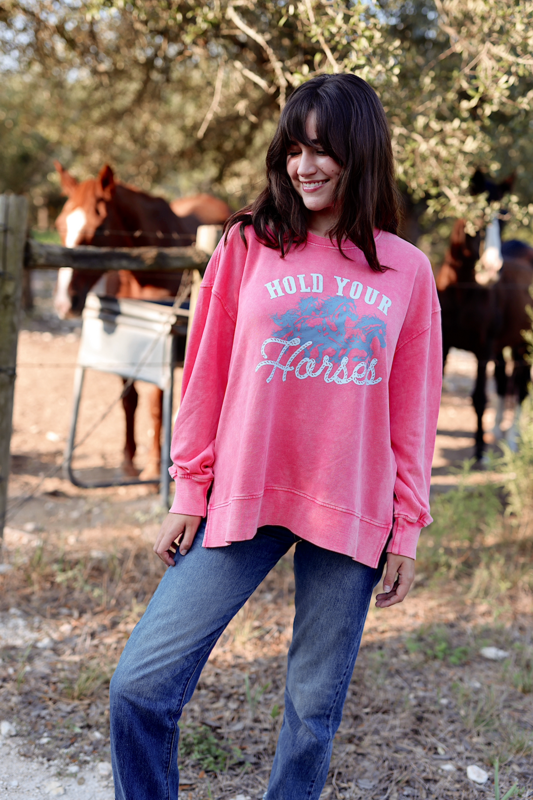 Pink oversized sweatshirt with 'Hold Your Horses' graphic, cozy material, perfect for horse lovers.