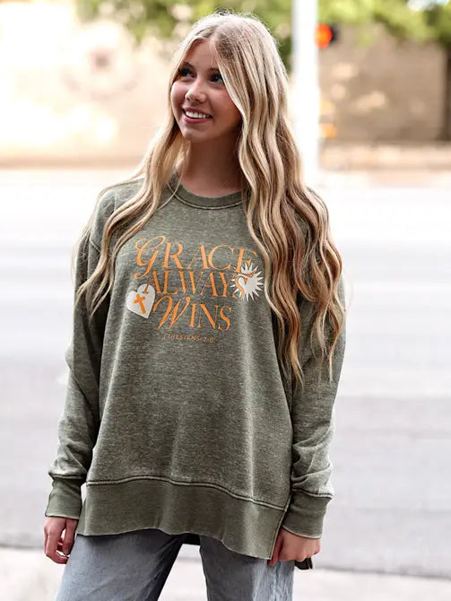 Grace Always Wins Burnout Sweatshirt -  (Olive)