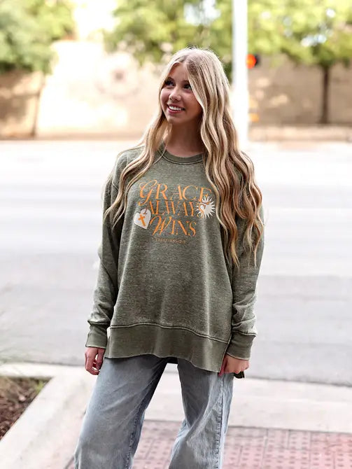 Grace Always Wins Burnout Sweatshirt -  (Olive)